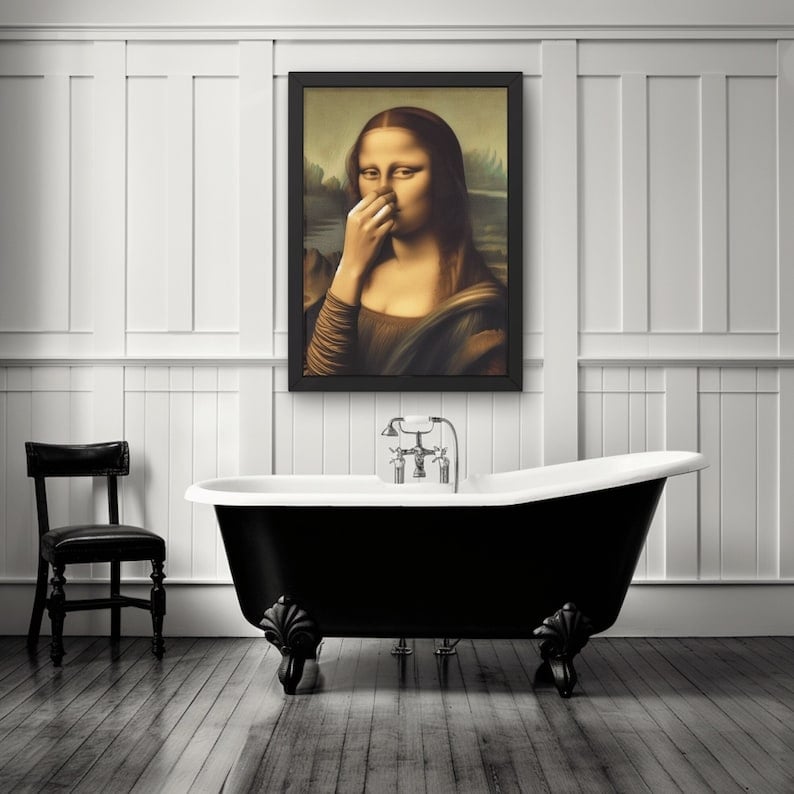 Imitatie Mona Lisa kunstdecoratie, grappige vintage toilet humor kamerdecoratie