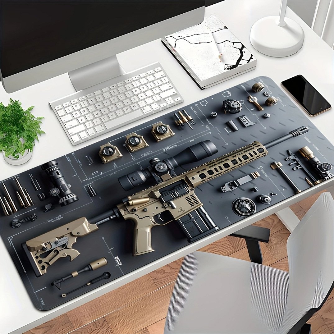 Cool Military Weapon Build Weapon Parts Display Large Gaming Mouse Pad, Stylish Desk Protector with Non-Slip Rubber, Multi-Size for Laptop & Desktop Use
