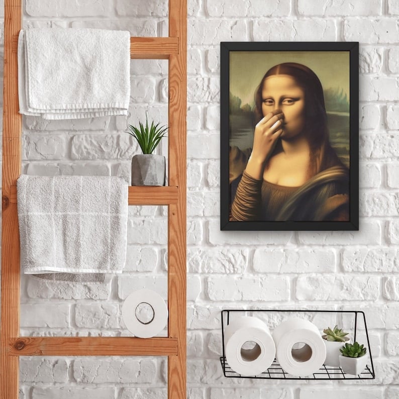 Imitatie Mona Lisa kunstdecoratie, grappige vintage toilet humor kamerdecoratie