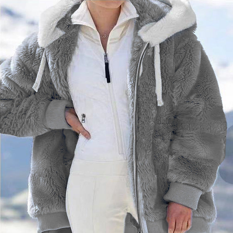 🧥56 % REA NU! 🔥Dammfleecejacka med sherpa-foder – justerbar huva, dold ficka, elegant vinterlook 🧥
